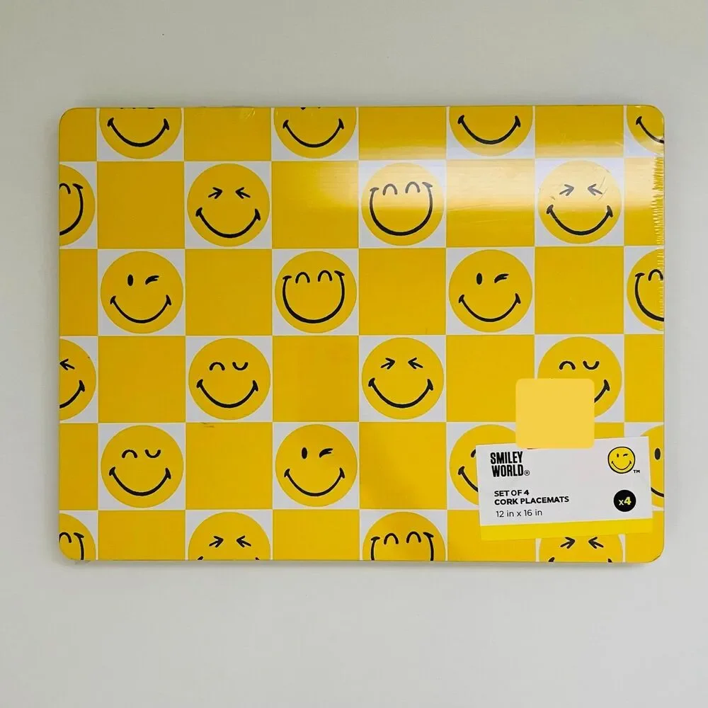 SMILEY WORLD Yellow Rectangular Small Smiley Faces Set of 4 Cork Placemats